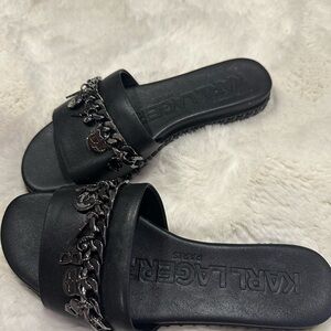 Karl Lagerfeld Black Slide Sandals with Chain Charm Detail